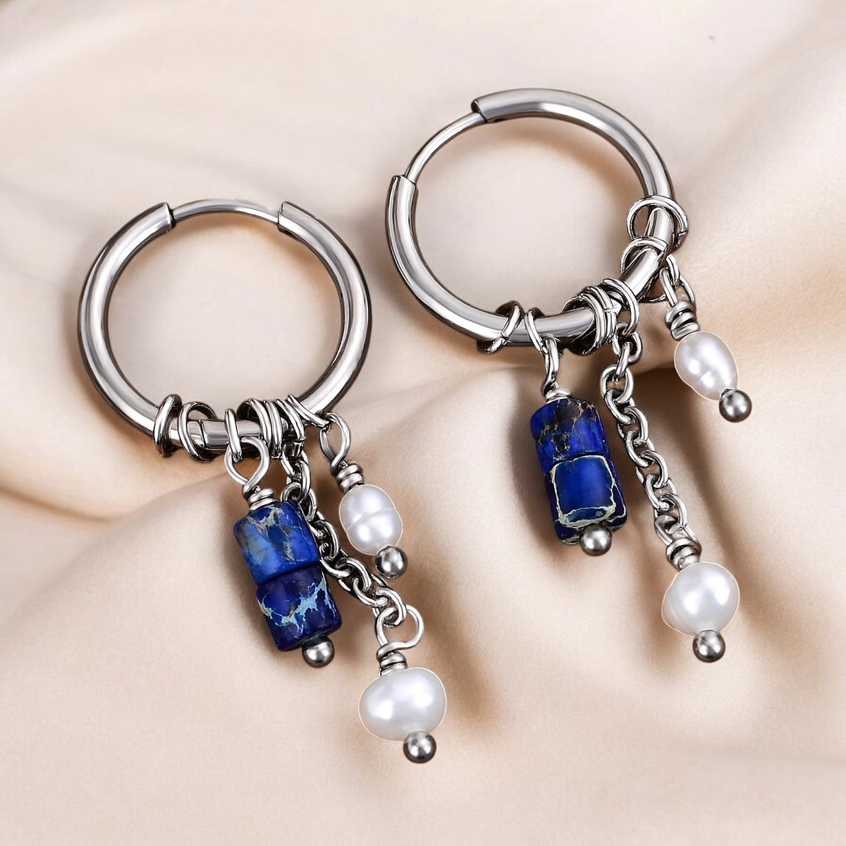 Silver Lapis Drop Hoop Earrings