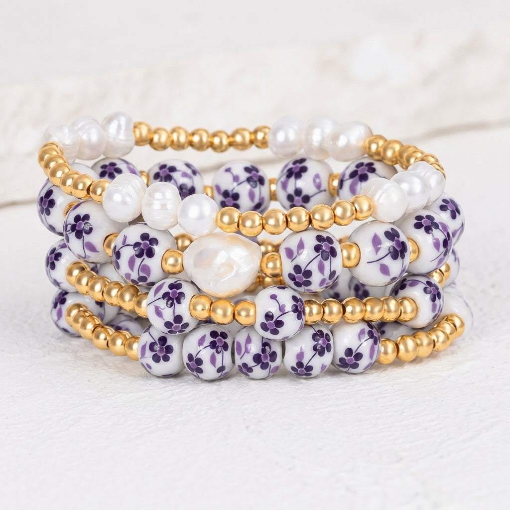 Porcelain Garden Violet Bloom Bracelet Set