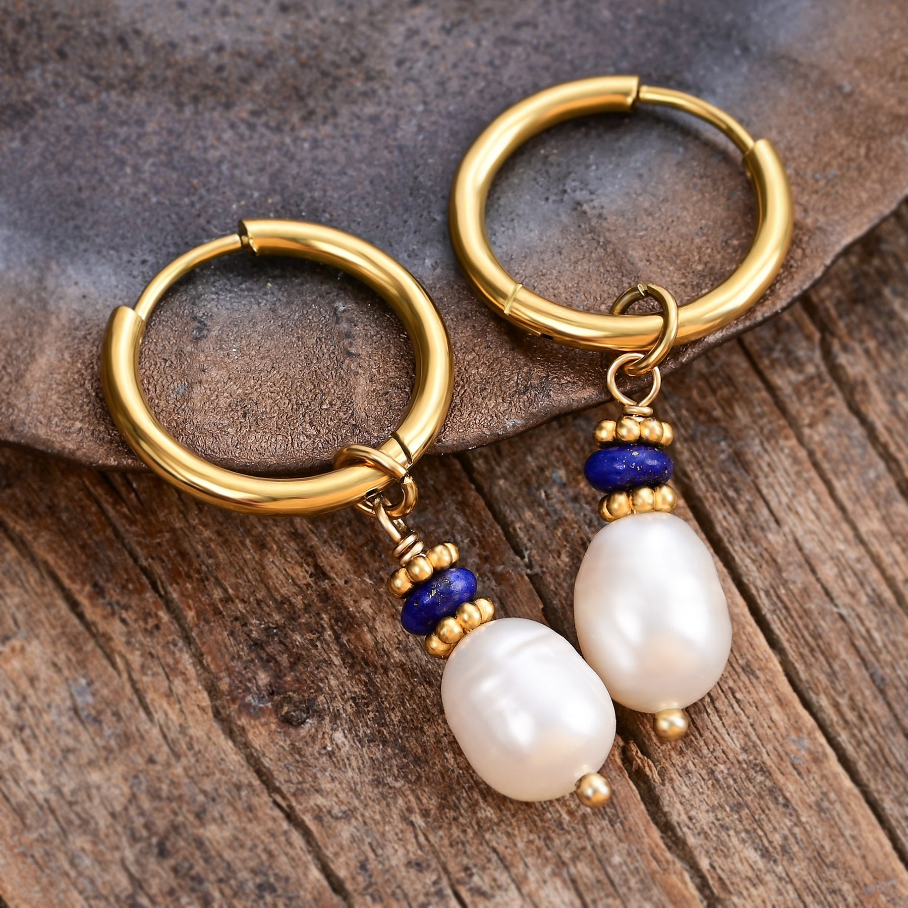 Golden Grace Pearl & Lapis Agate Hoop Earrings