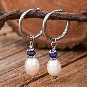 Silver Lapis Lazuli Pearl Hoop Earrings