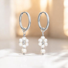 Silver Pearl Blossom Hoop Earrings