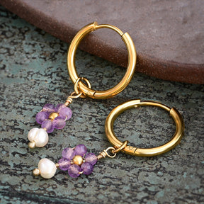 Amethyst Blossom Pearl Hoop Earrings