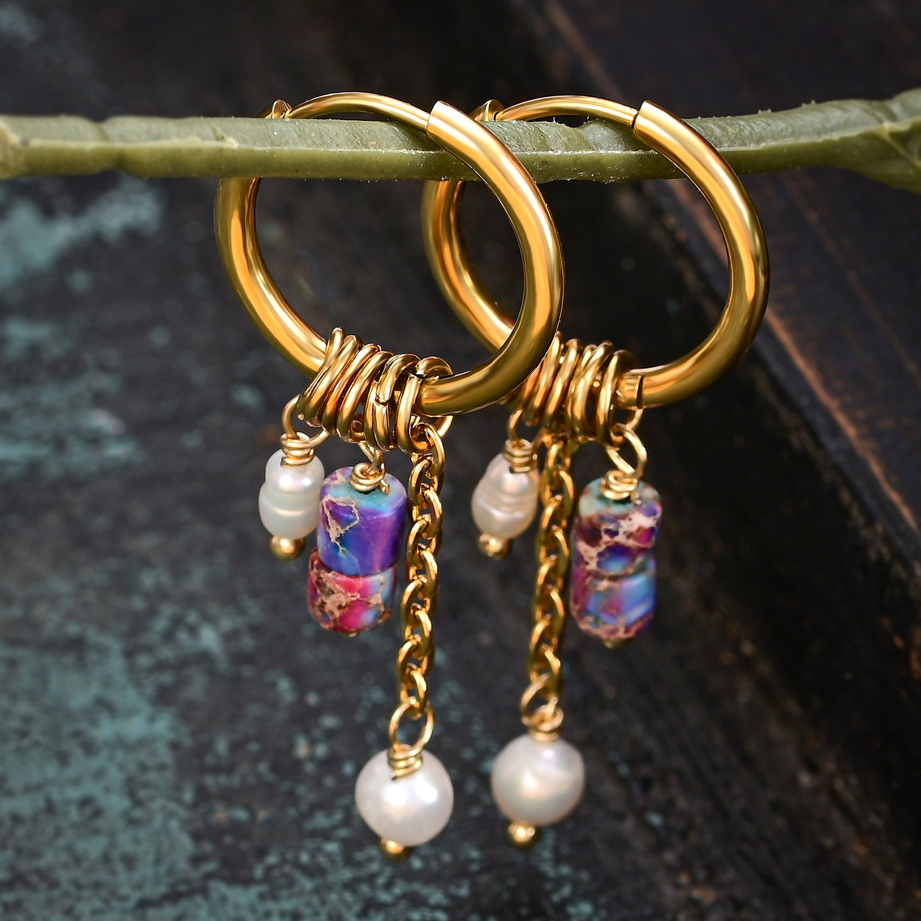 Golden Amethyst Bloom Drop Hoop Earrings