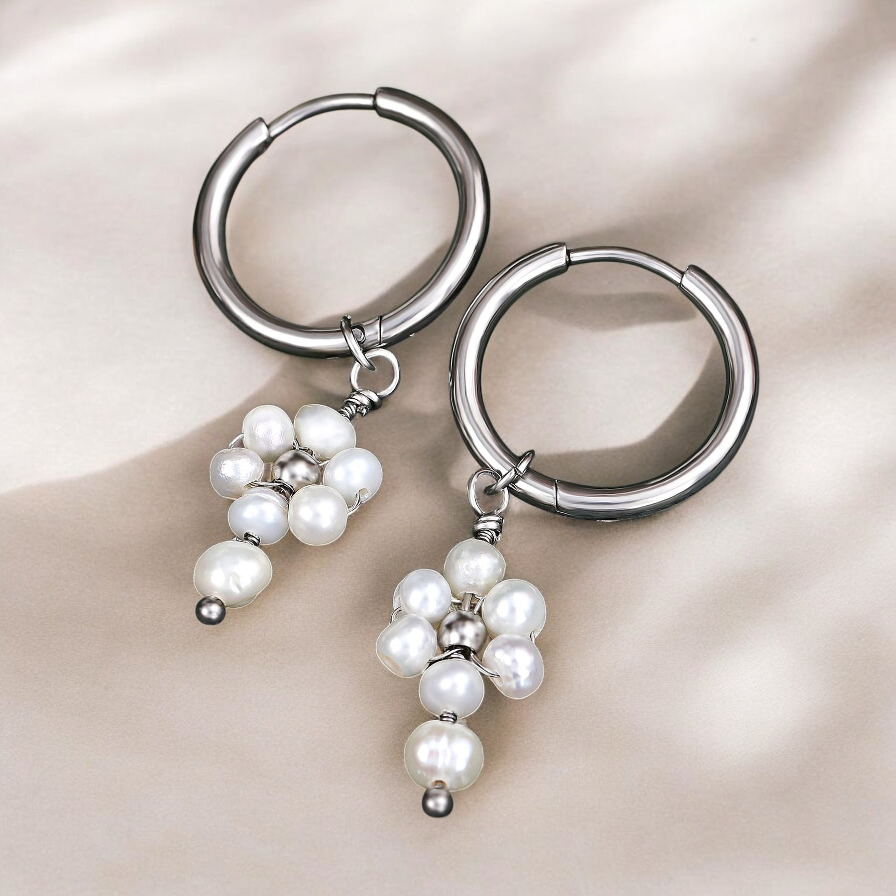 Silver Pearl Blossom Hoop Earrings