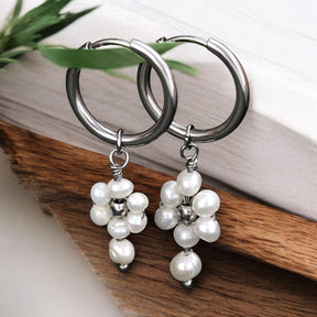 Silver Pearl Blossom Hoop Earrings
